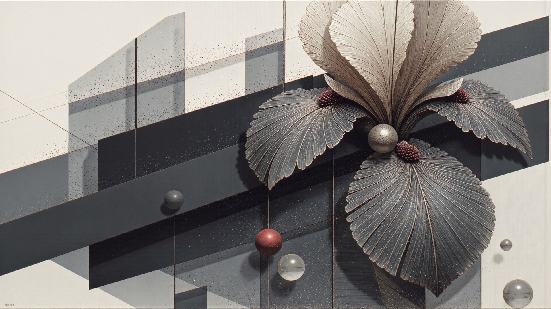 AI generated wallpaper featuring flower, geometric, spheres, panels, leaves, dots