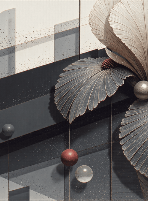 flower, geometric, spheres, panels, leaves, dots