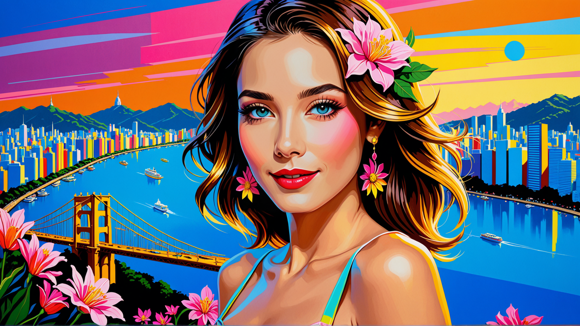 AI generated wallpaper featuring woman, bridge, cityscape, flowers