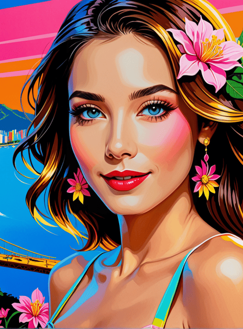 woman, bridge, cityscape, flowers