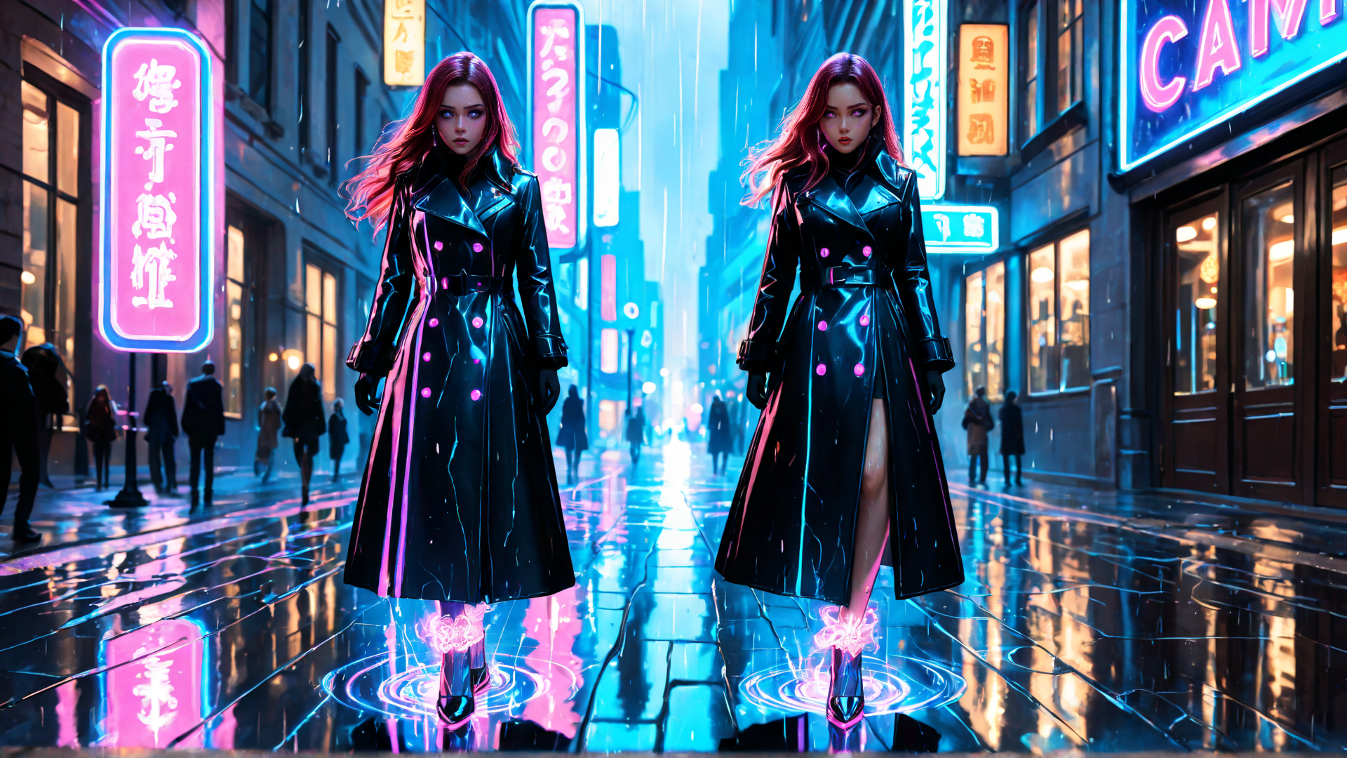AI generated wallpaper featuring women, trench coat, neon