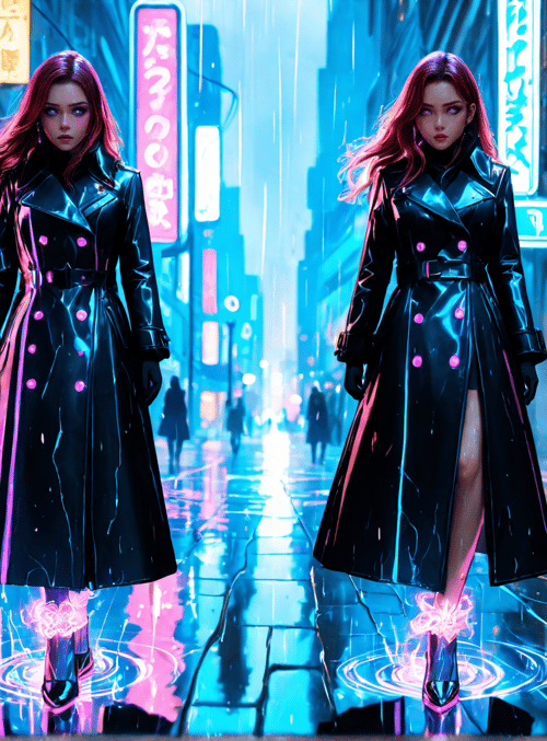 women, trench coat, neon