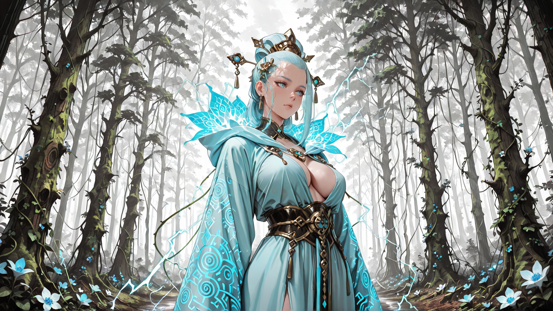 AI generated wallpaper featuring woman, forest, elf, magic, dress