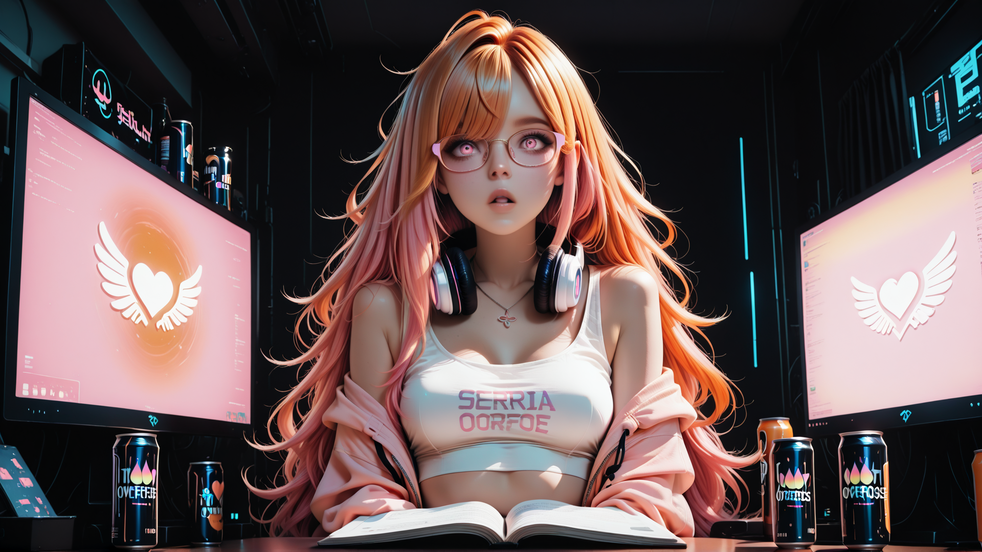 AI generated wallpaper featuring girl, gamer, headphones, book, monitor, can, jacket, glasses, hair, heart