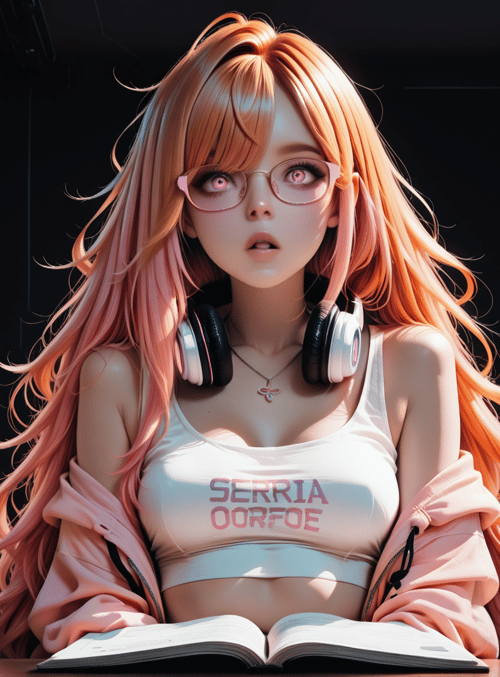 girl, gamer, headphones, book, monitor, can, jacket, glasses, hair, heart