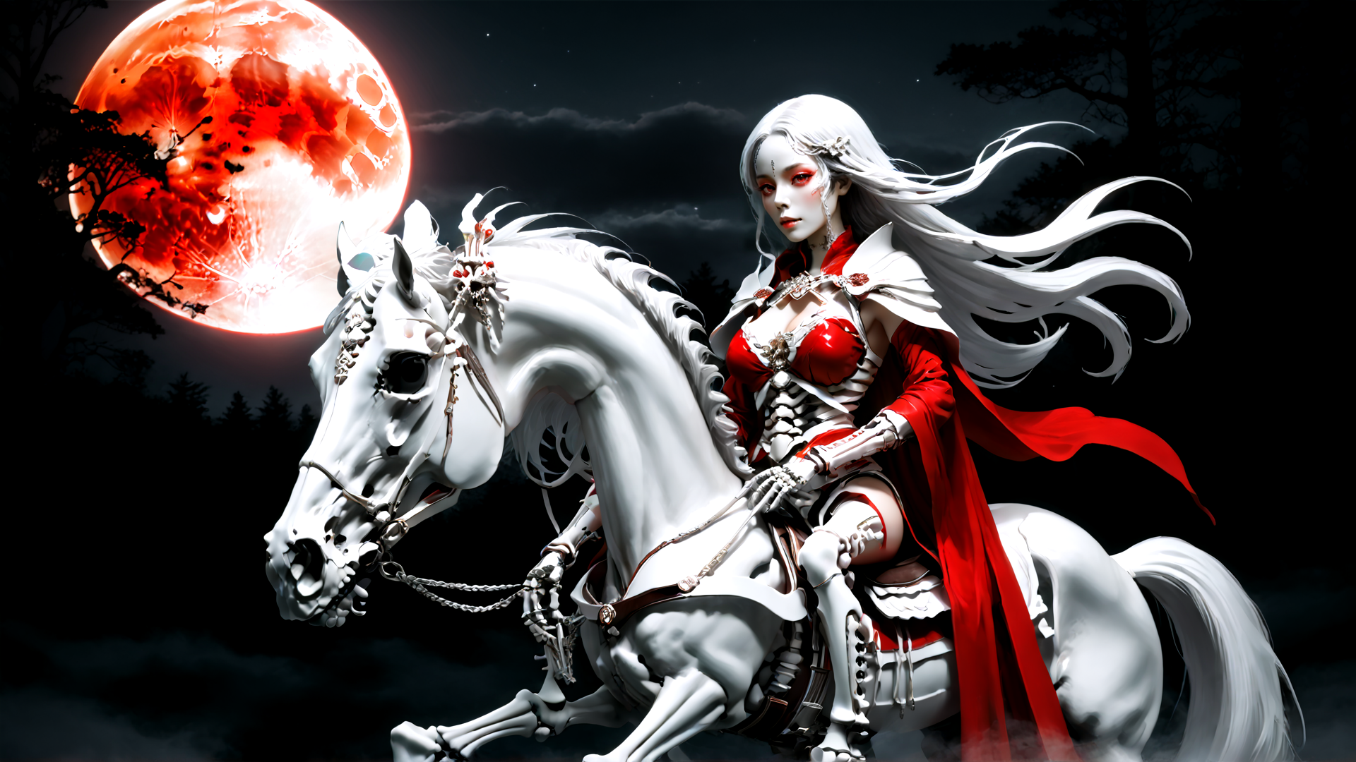 AI generated wallpaper featuring woman, horse, skeleton, red moon, cape, helmet, swords
