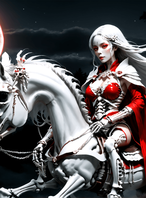 woman, horse, skeleton, red moon, cape, helmet, swords