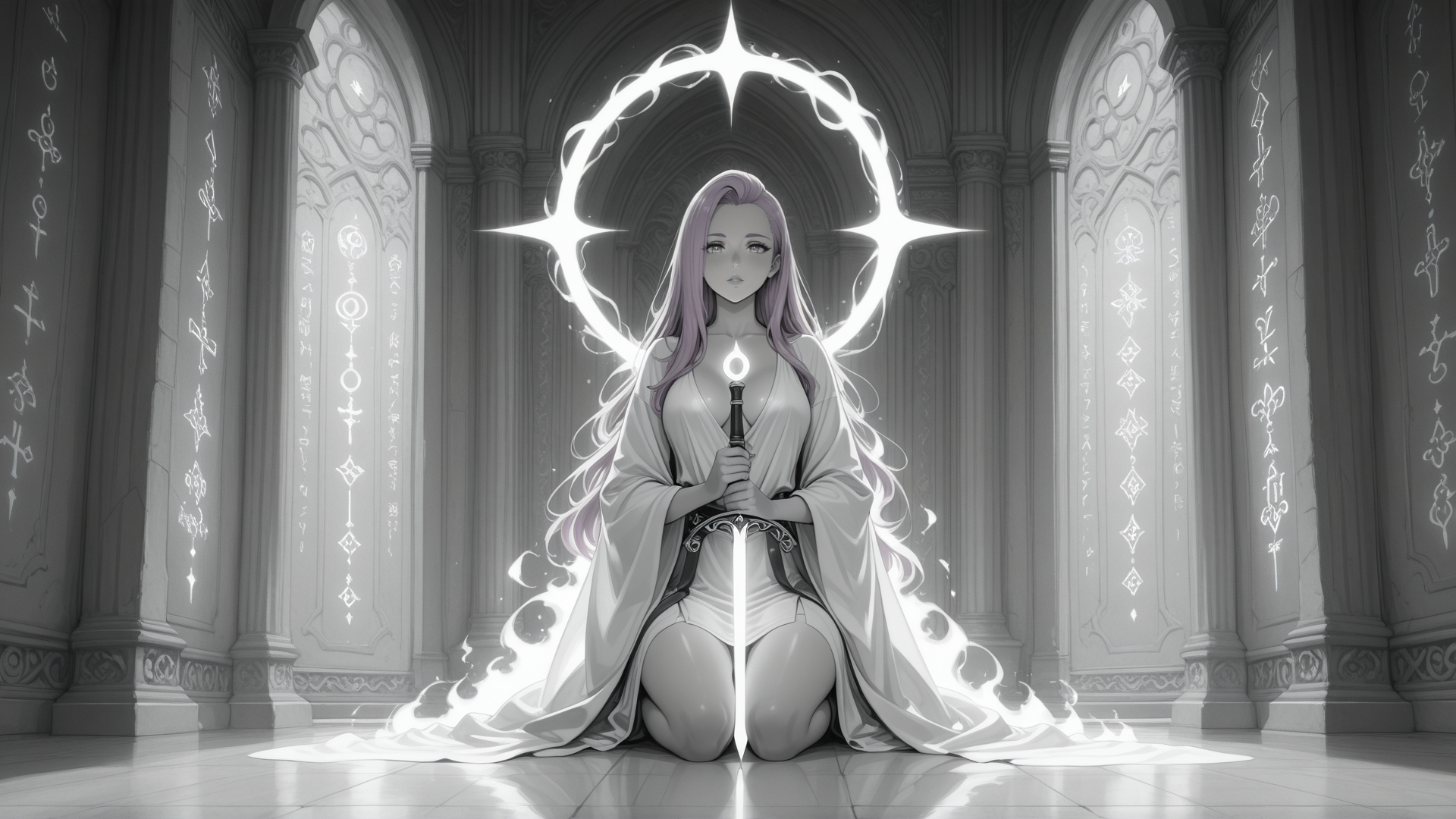 AI generated wallpaper featuring woman, sword, circle, arch, columns