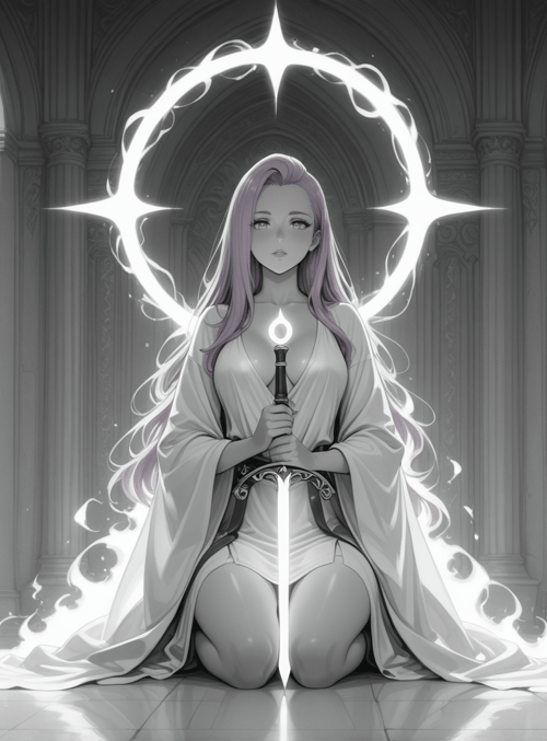woman, sword, circle, arch, columns