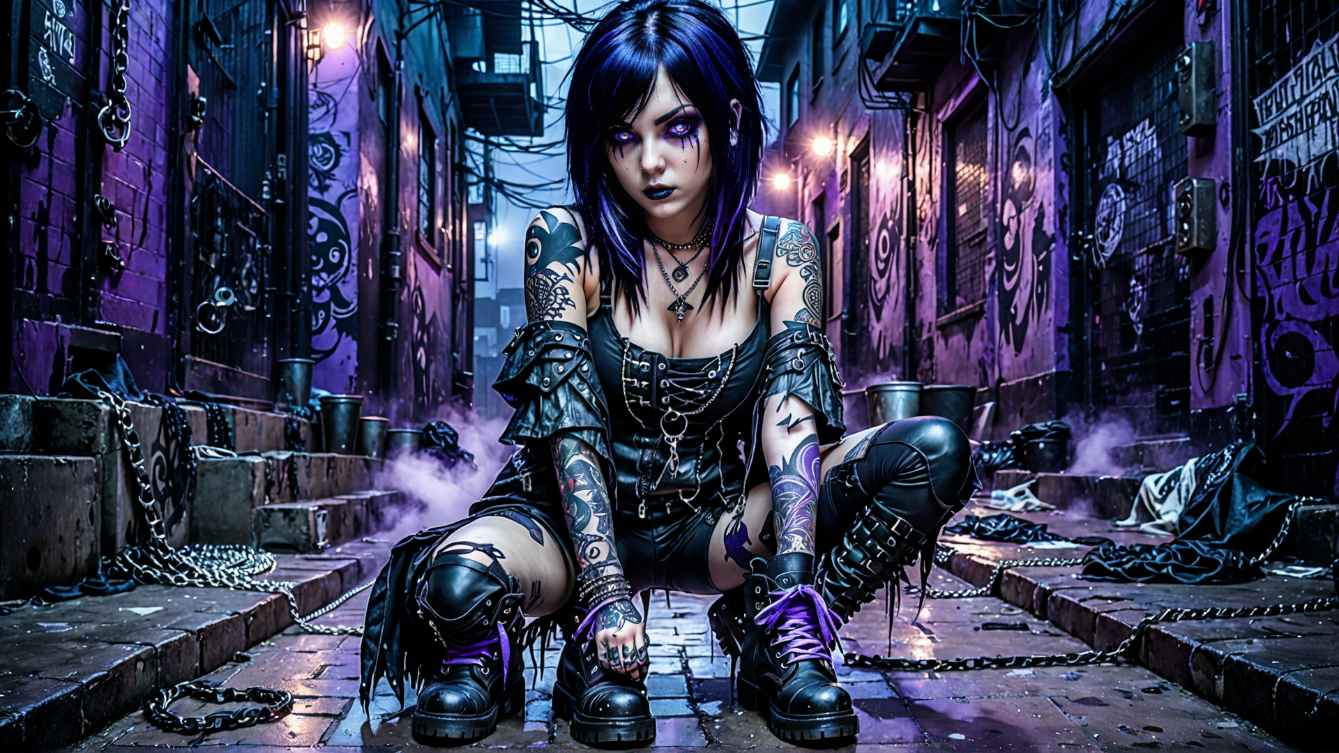 AI generated wallpaper featuring woman, tattoo, alley