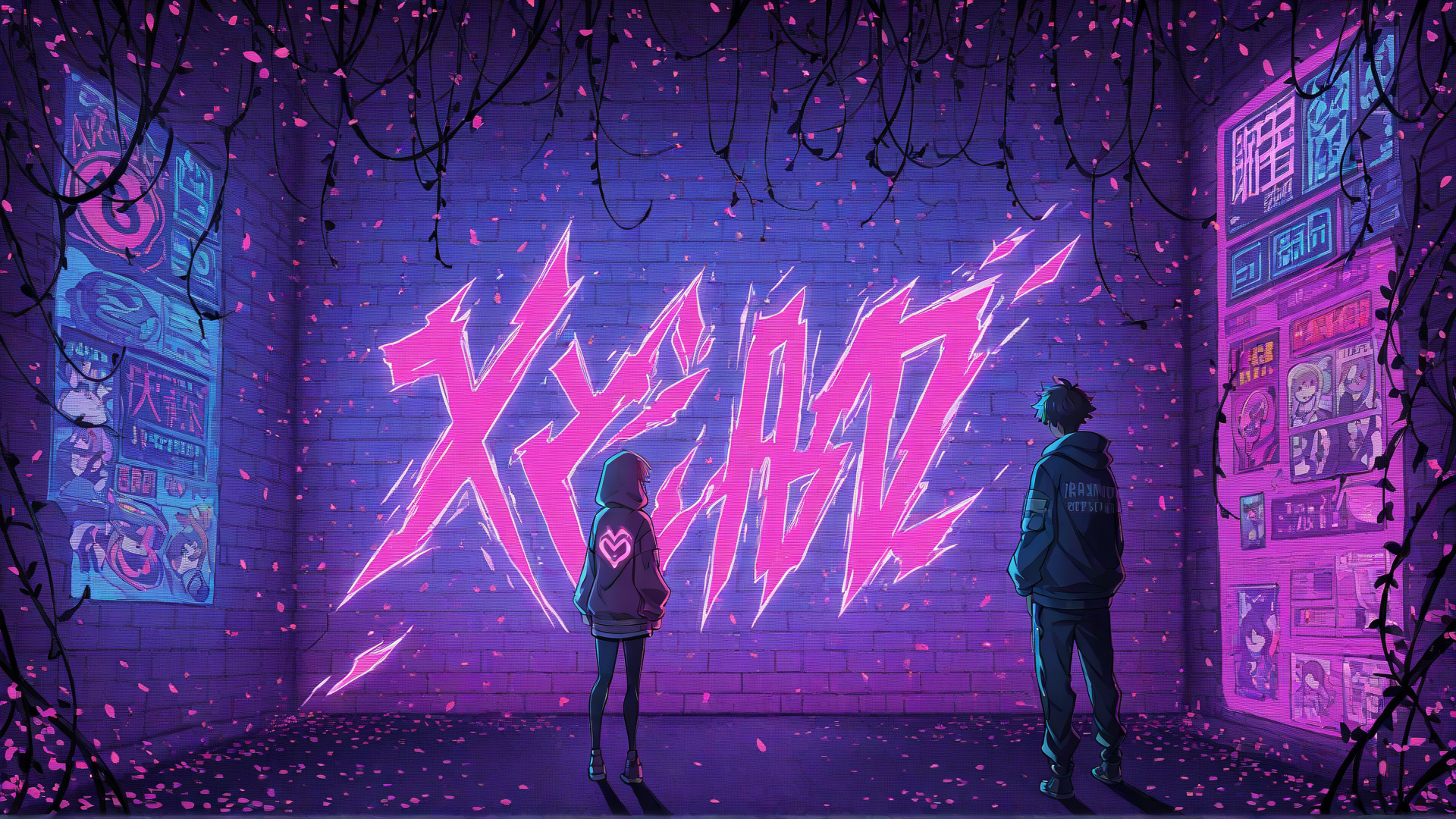 AI generated wallpaper featuring people, wall, graffiti
