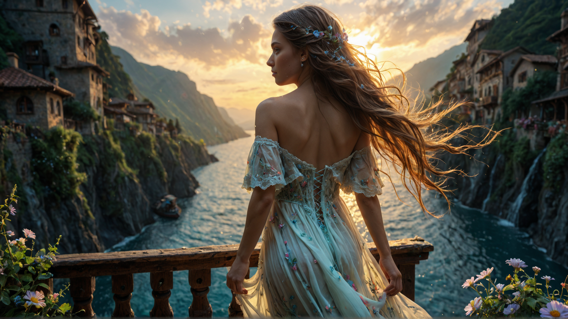 AI generated wallpaper featuring woman, dress, landscape