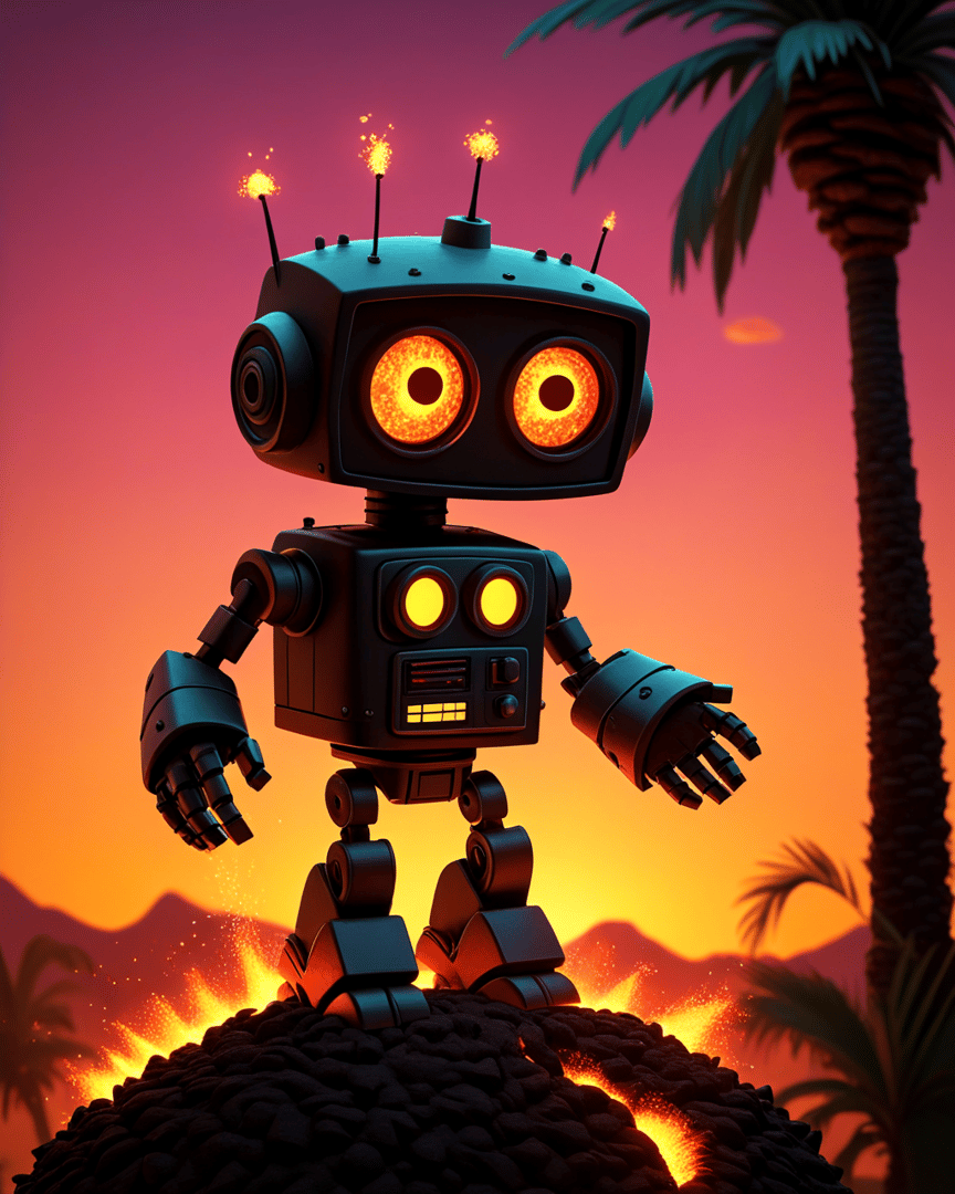 AI generated wallpaper featuring robot, palm tree, sunset, mountains, rock
