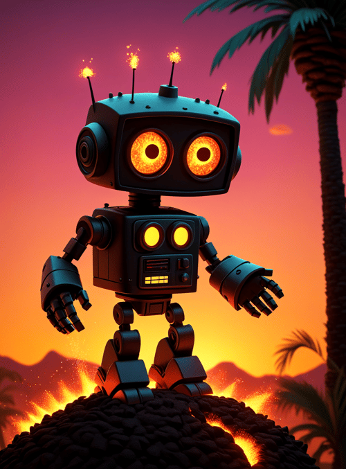 robot, palm tree, sunset, mountains, rock
