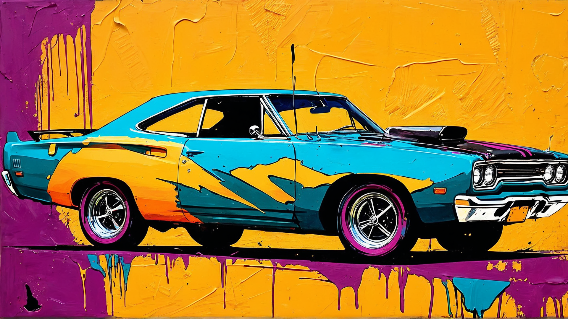 AI generated wallpaper featuring car, muscle car, painting, wallpaper