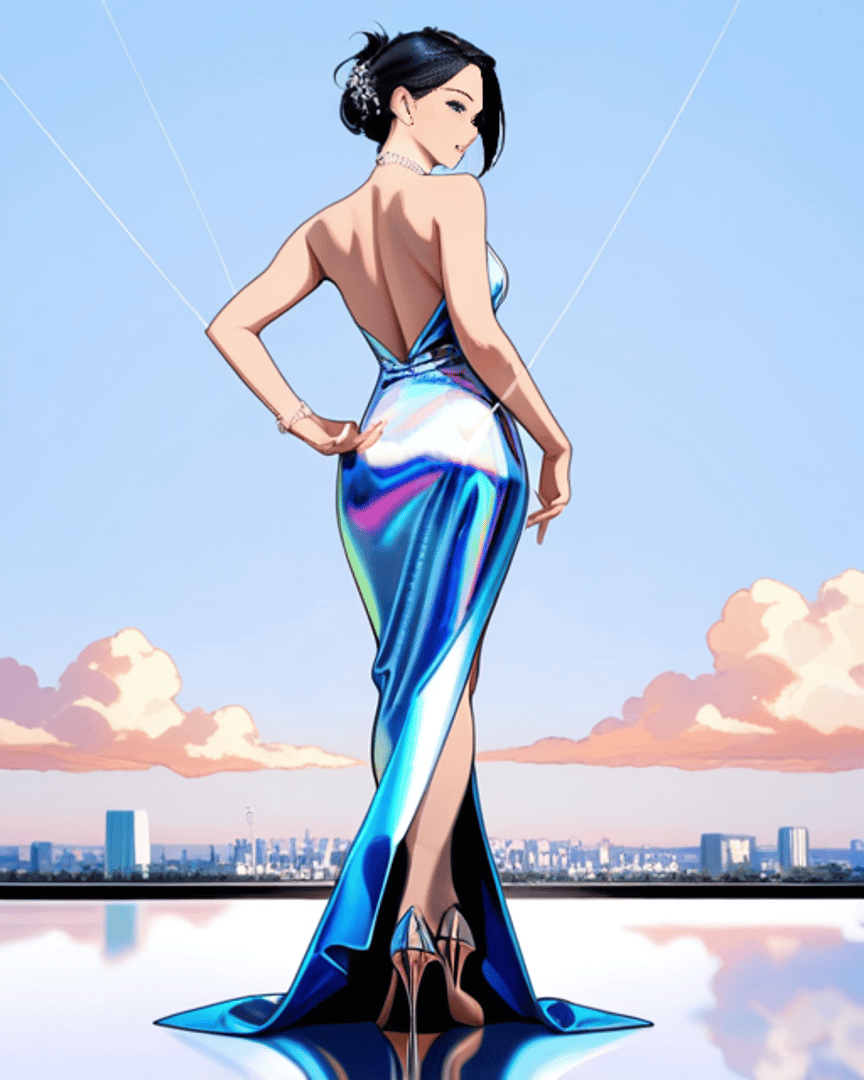 AI generated wallpaper featuring woman, dress, city