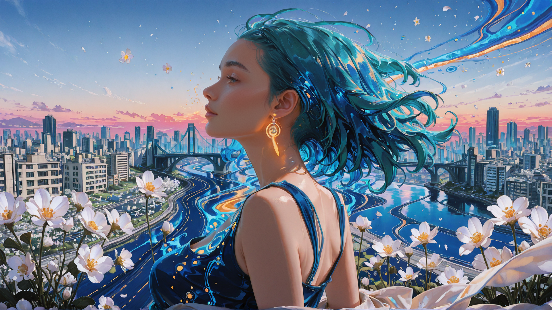 AI generated wallpaper featuring woman, cityscape, river, flowers, bridge, hair