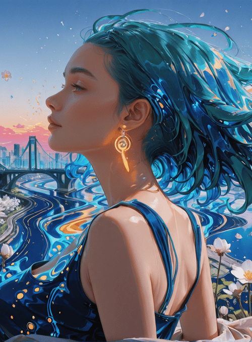 woman, cityscape, river, flowers, bridge, hair