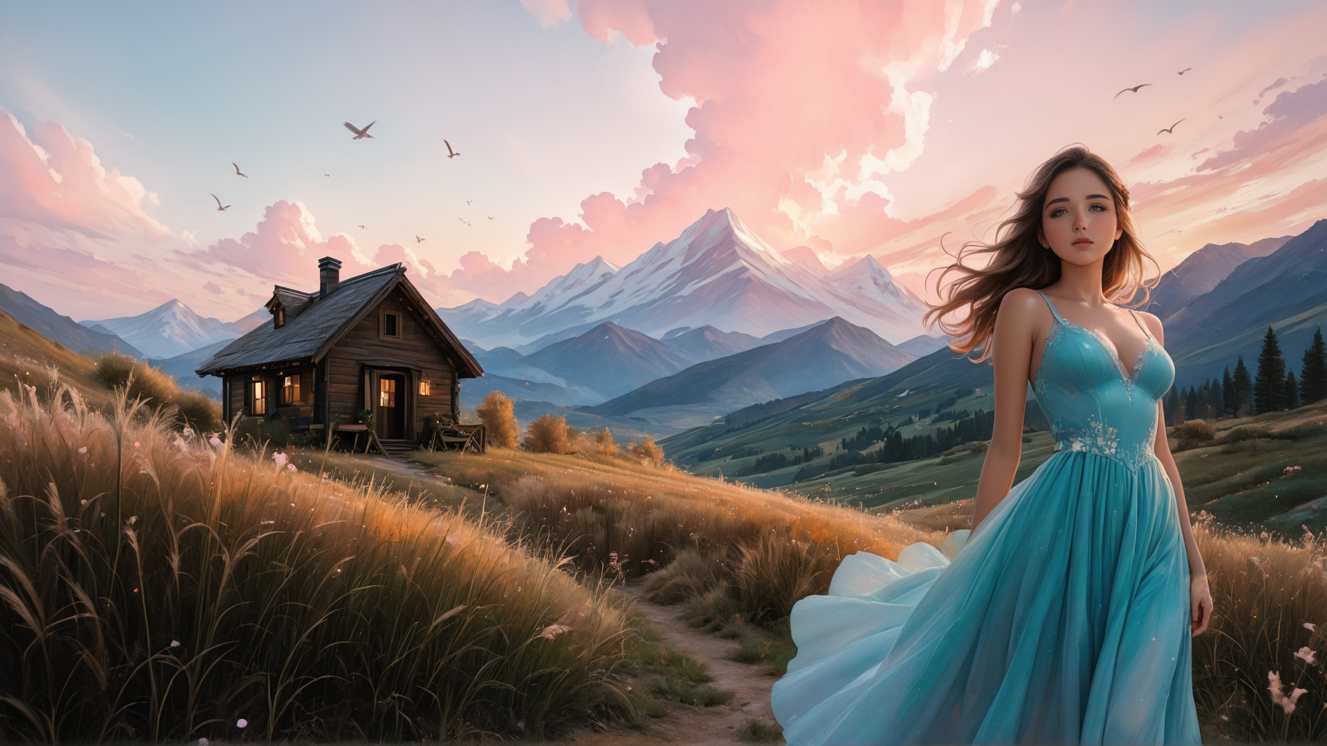 AI generated wallpaper featuring woman, house, mountains