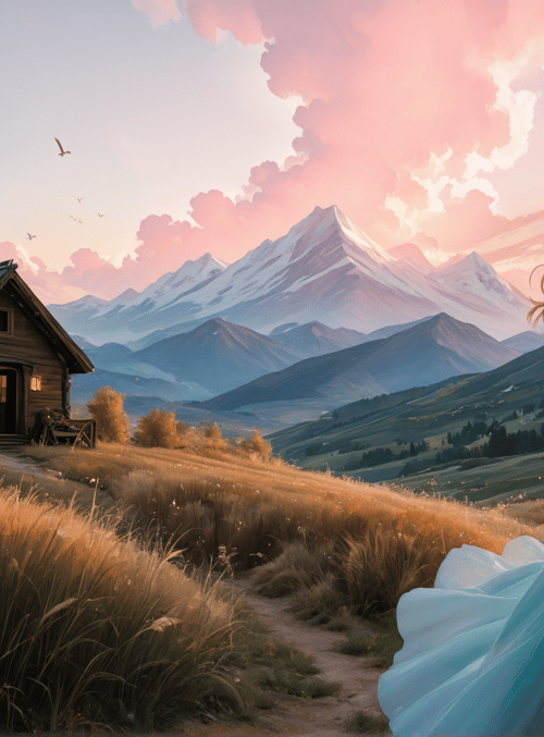 woman, house, mountains