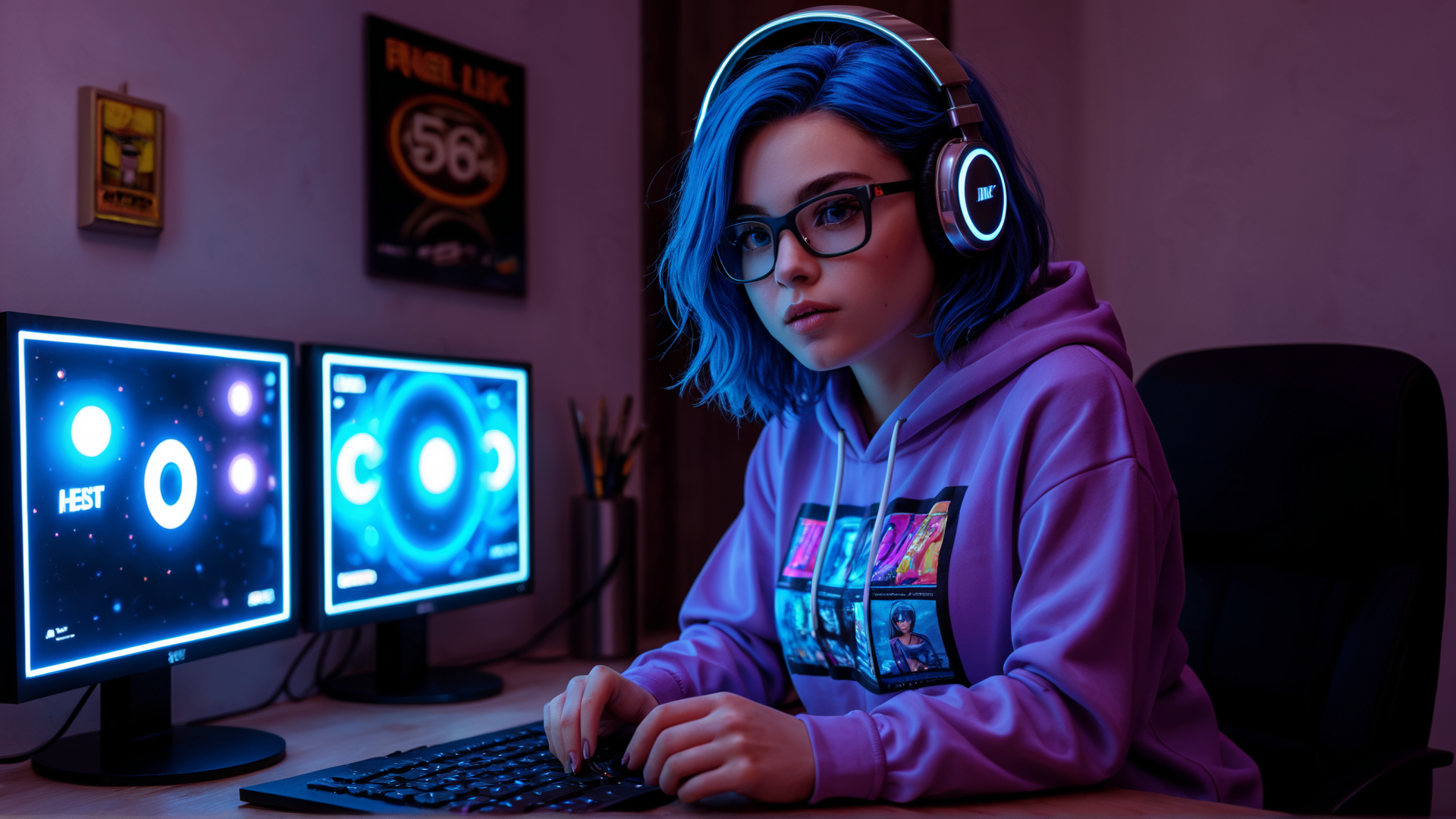 AI generated wallpaper featuring person, headphones, computer, monitor, keyboard, hoodie, glasses, desk, poster, pens