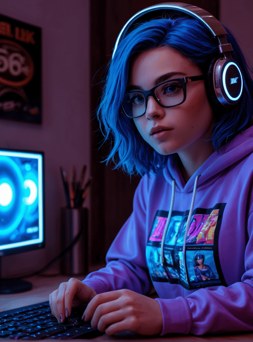 person, headphones, computer, monitor, keyboard, hoodie, glasses, desk, poster, pens