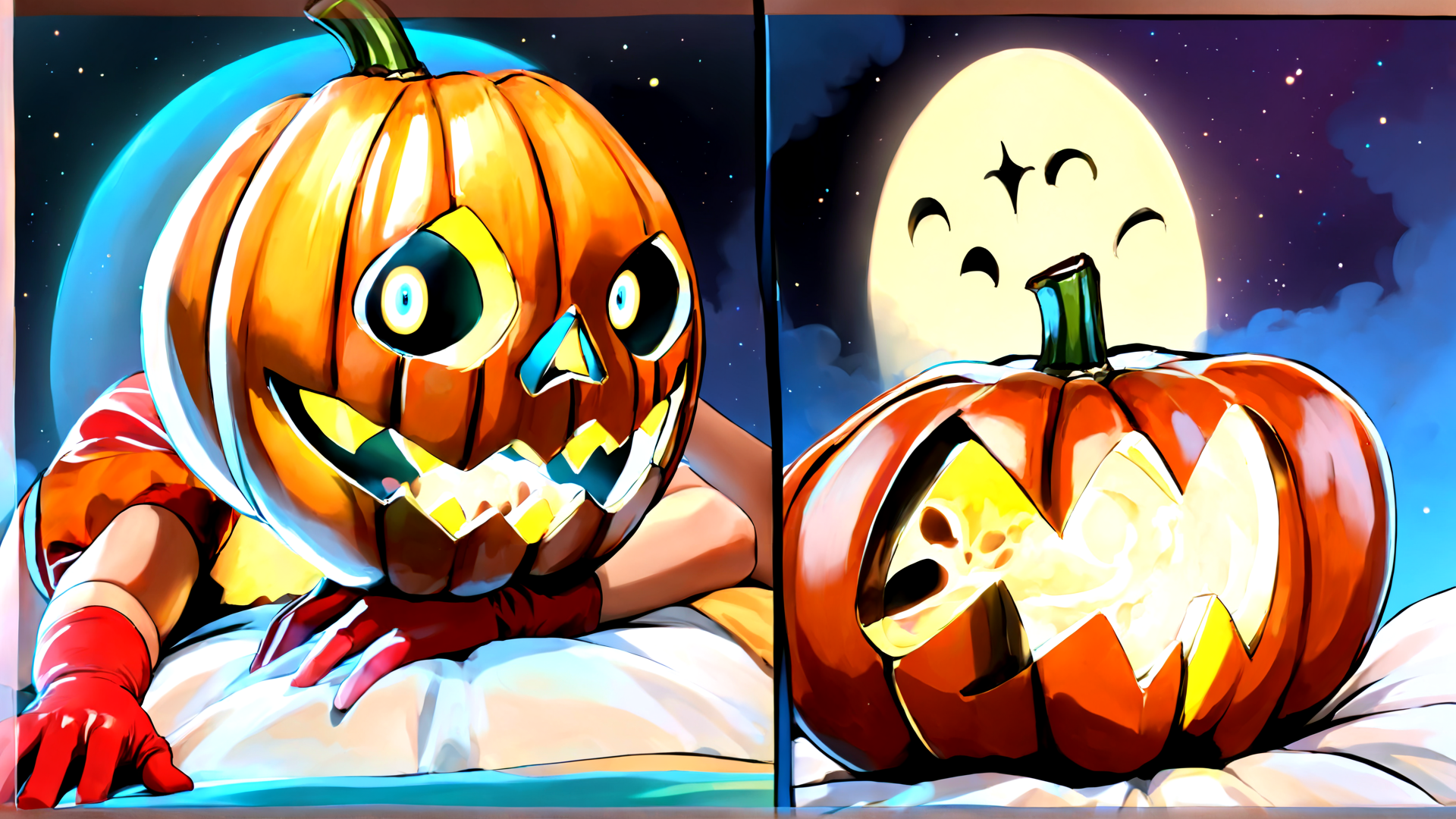 AI generated wallpaper featuring pumpkin, moon, night, bed, stars
