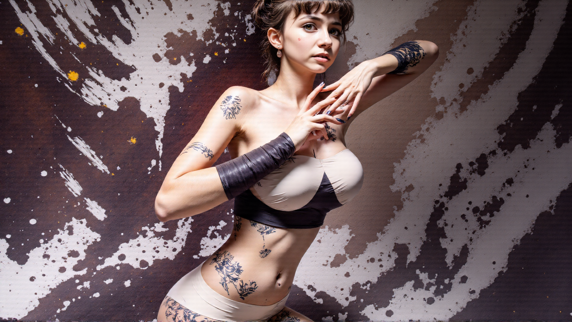 AI generated wallpaper featuring woman, tattoo, leather