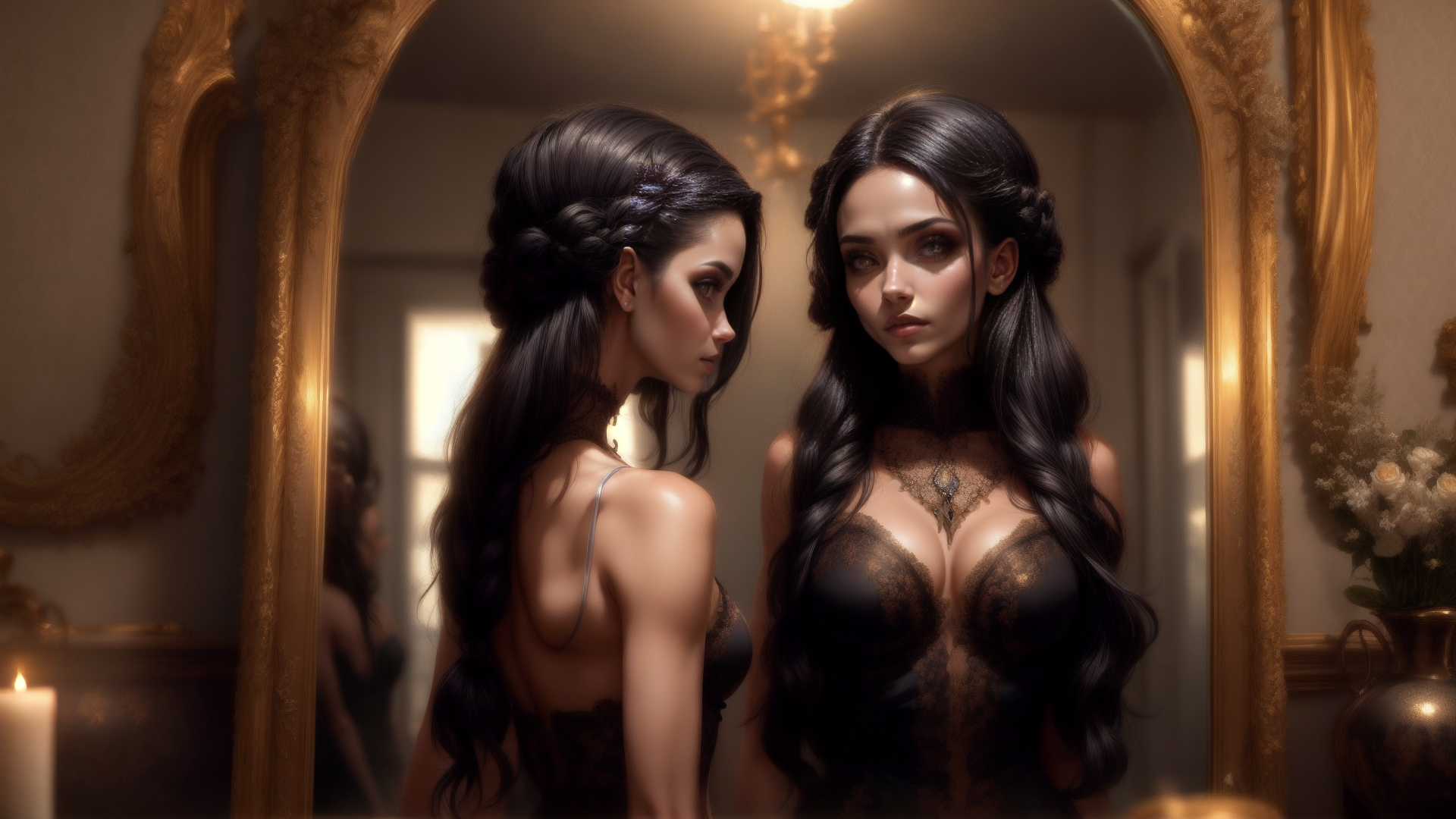 AI generated wallpaper featuring woman, mirror, boudoir