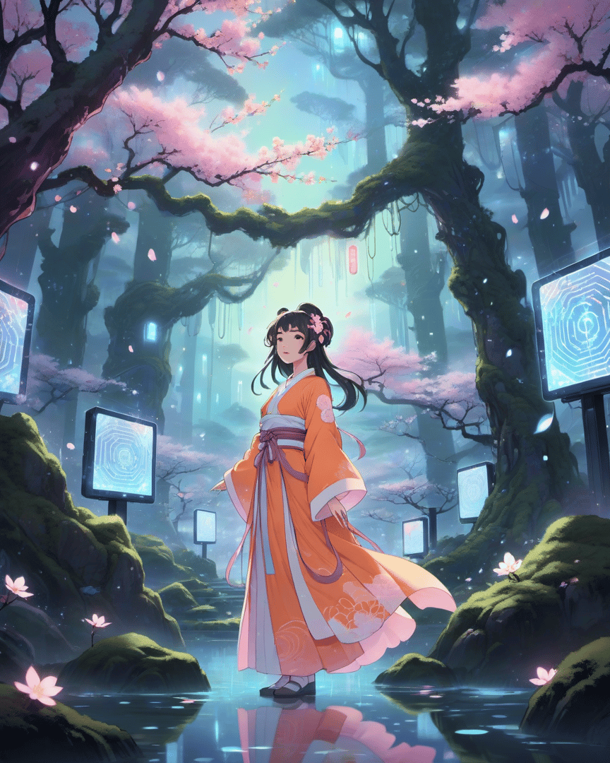 AI generated wallpaper featuring woman, cherry blossom, forest