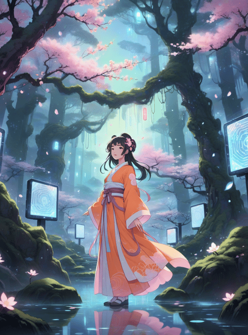 woman, cherry blossom, forest