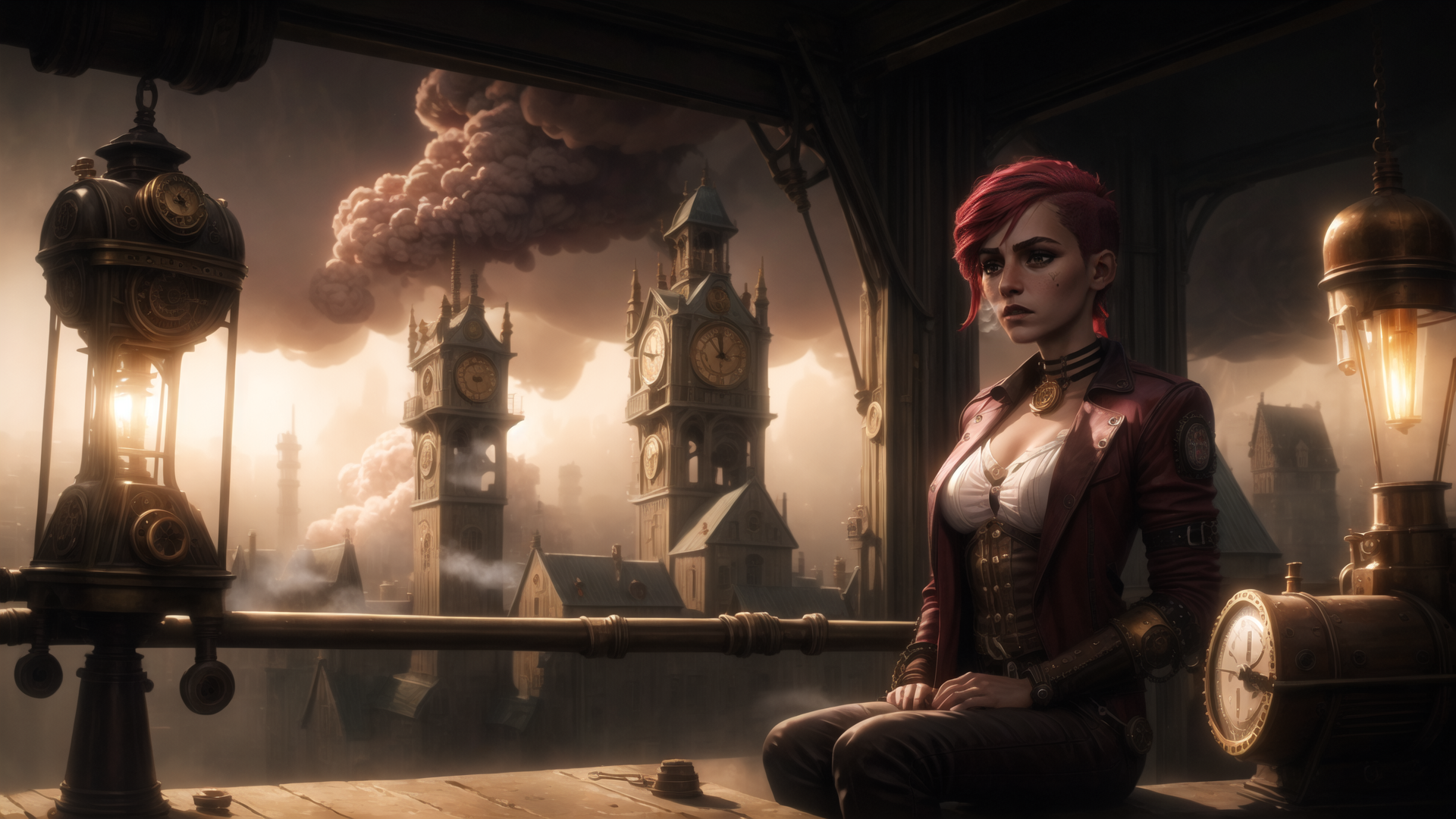 AI generated wallpaper featuring woman, clock towers, steam, lamps, cityscape