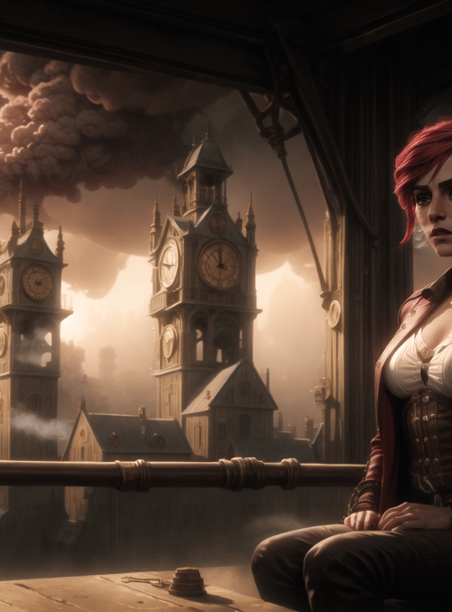 woman, clock towers, steam, lamps, cityscape