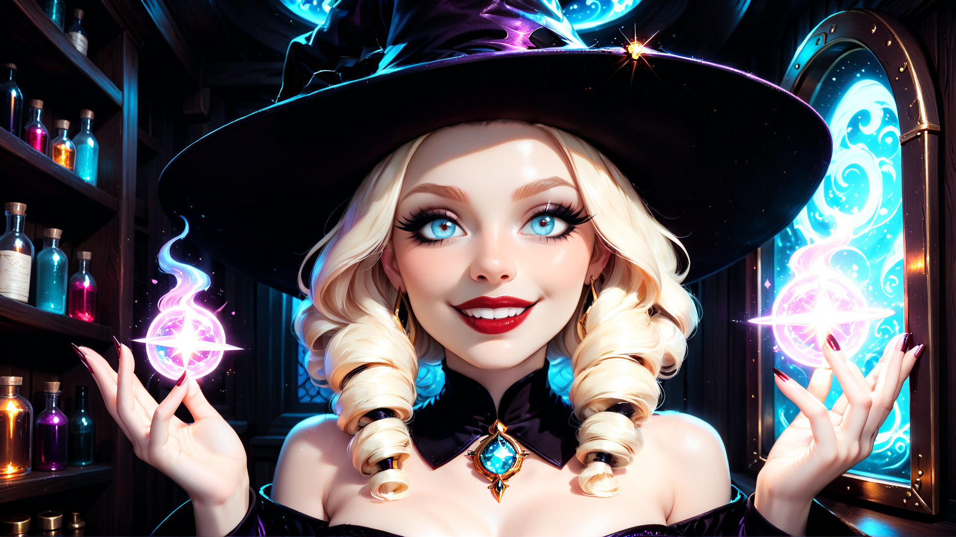 AI generated wallpaper featuring witch, bottle, crystal, hat, curl, sparkle, magic, window, charm, lens