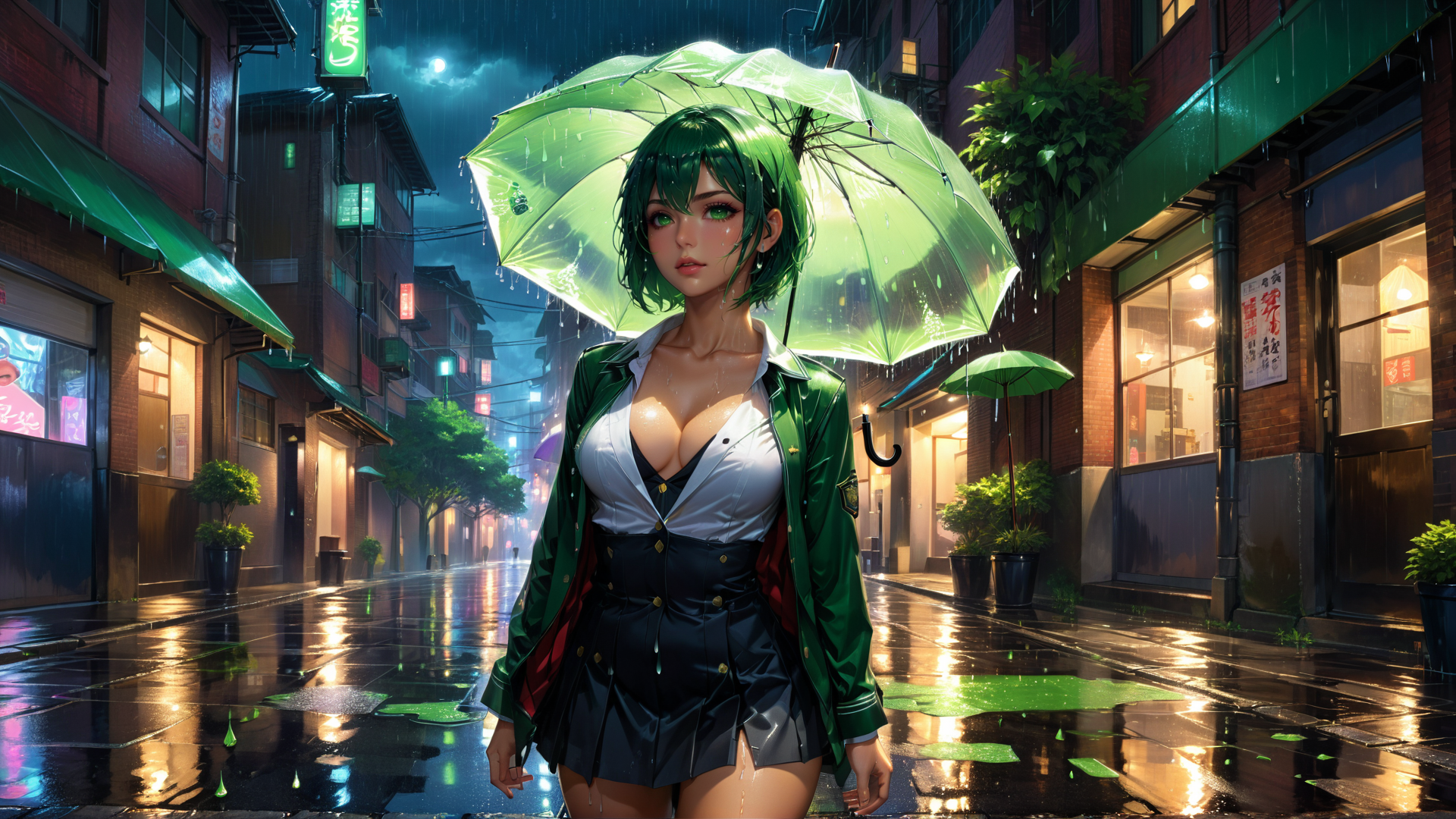 AI generated wallpaper featuring woman, umbrella, street, rain, building, plant
