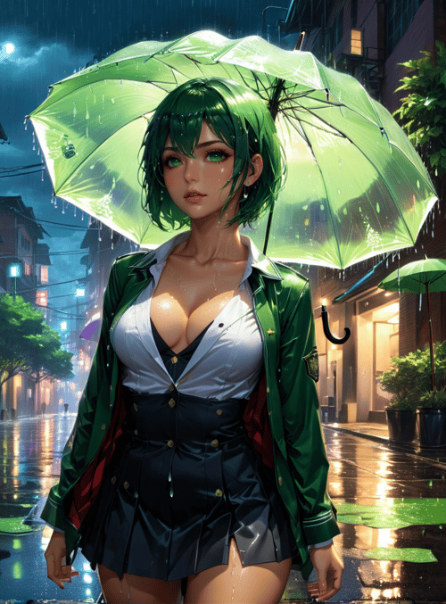 woman, umbrella, street, rain, building, plant