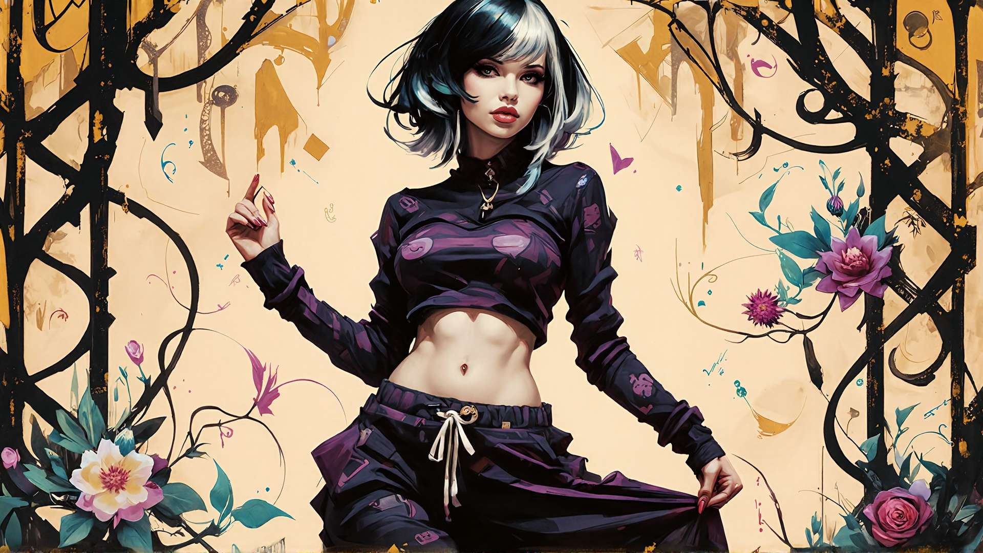 AI generated wallpaper featuring woman, butterfly, flower, tree, clothing, painting, art