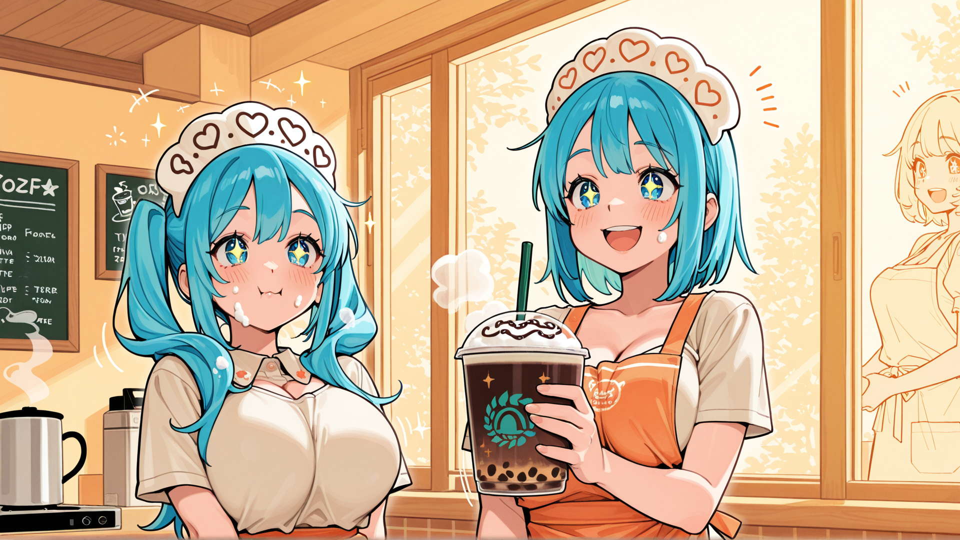 AI generated wallpaper featuring girls, waitress, coffee, milk tea, cafe
