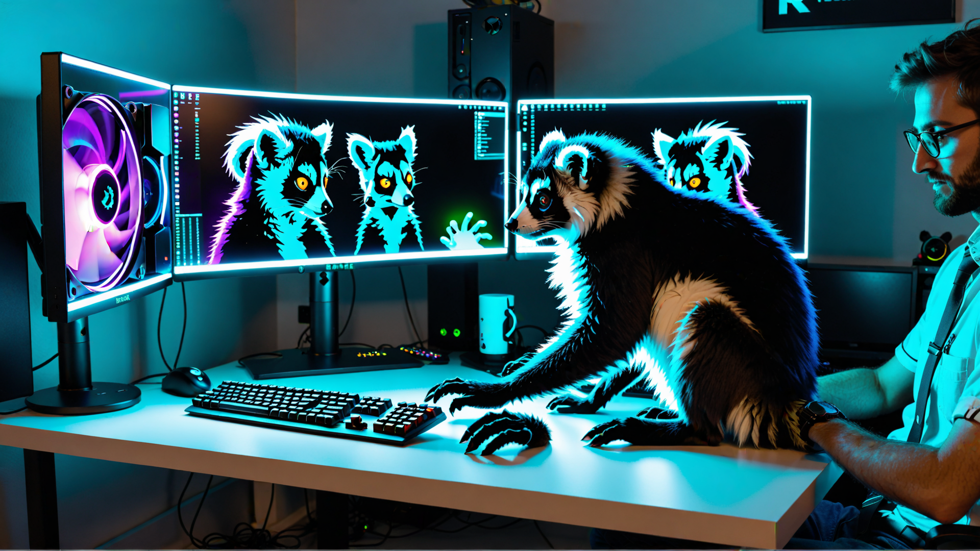 AI generated wallpaper featuring ferret, gamer, computer, monitor, keyboard, mouse, desk, speakers, mug, fan