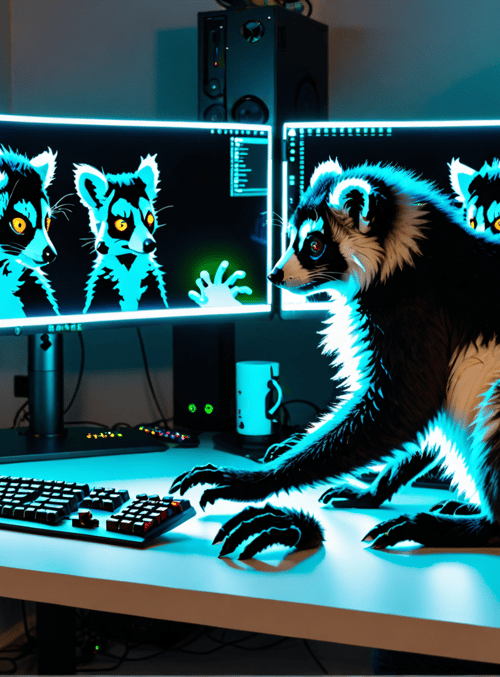 ferret, gamer, computer, monitor, keyboard, mouse, desk, speakers, mug, fan