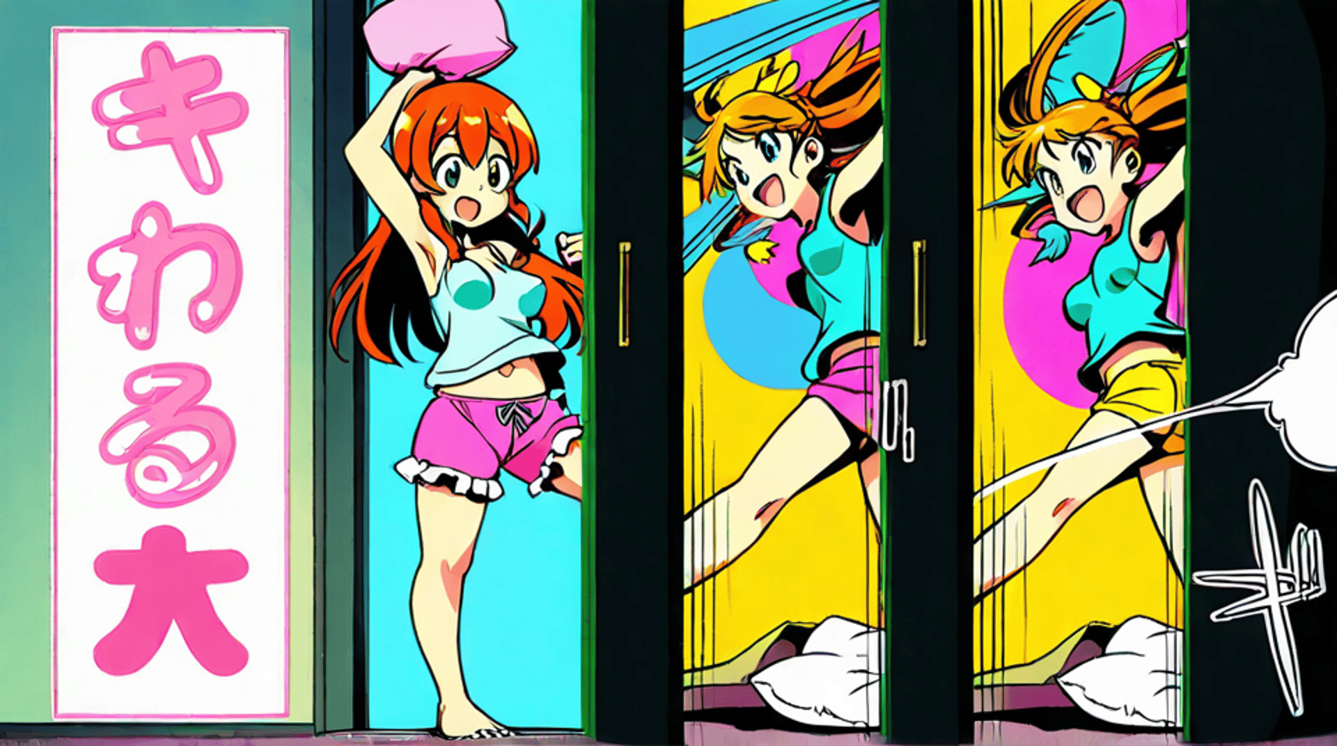 AI generated wallpaper featuring girls, pillow, door