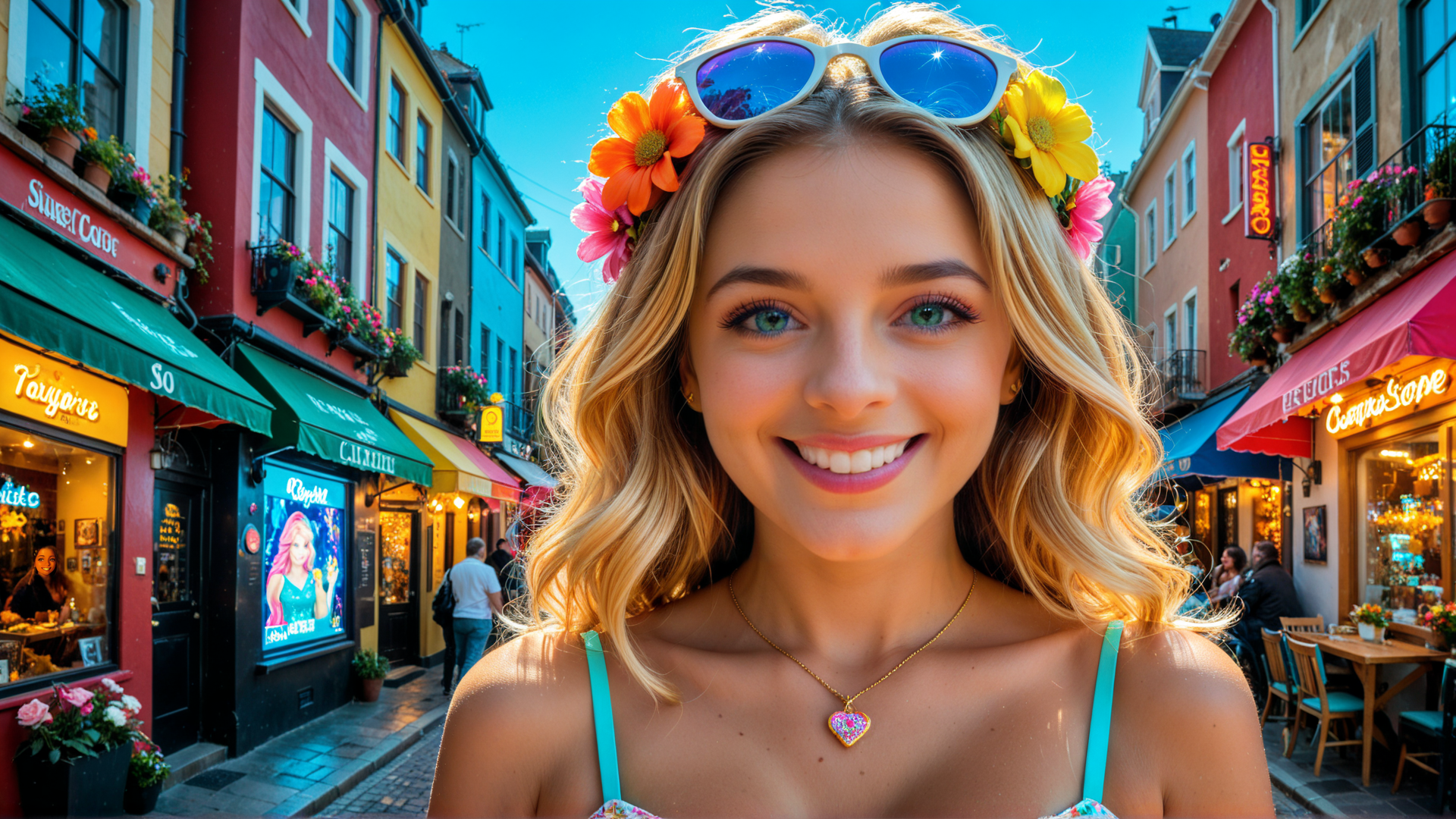AI generated wallpaper featuring woman, flowers, sunglasses, street, shops, building, nose, necklace, bikini, sun