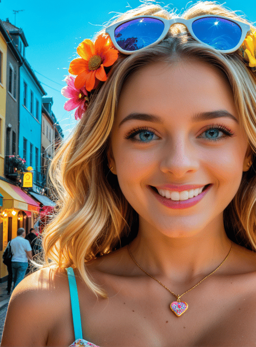 woman, flowers, sunglasses, street, shops, building, nose, necklace, bikini, sun