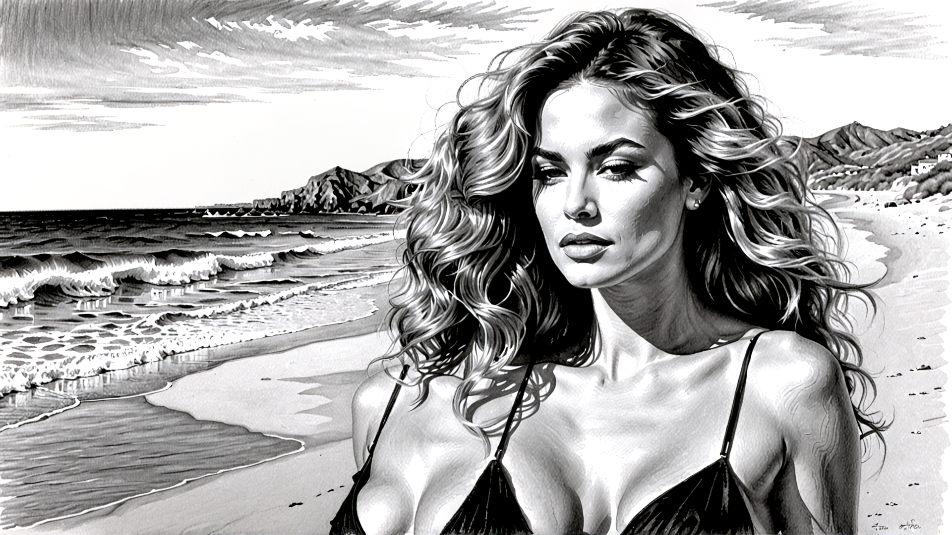 AI generated wallpaper featuring woman, beach, ocean, waves, mountains, sand, hair, swimsuit