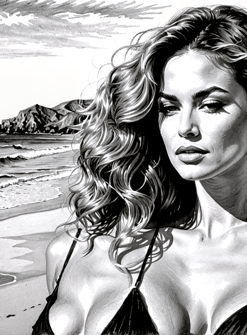 woman, beach, ocean, waves, mountains, sand, hair, swimsuit