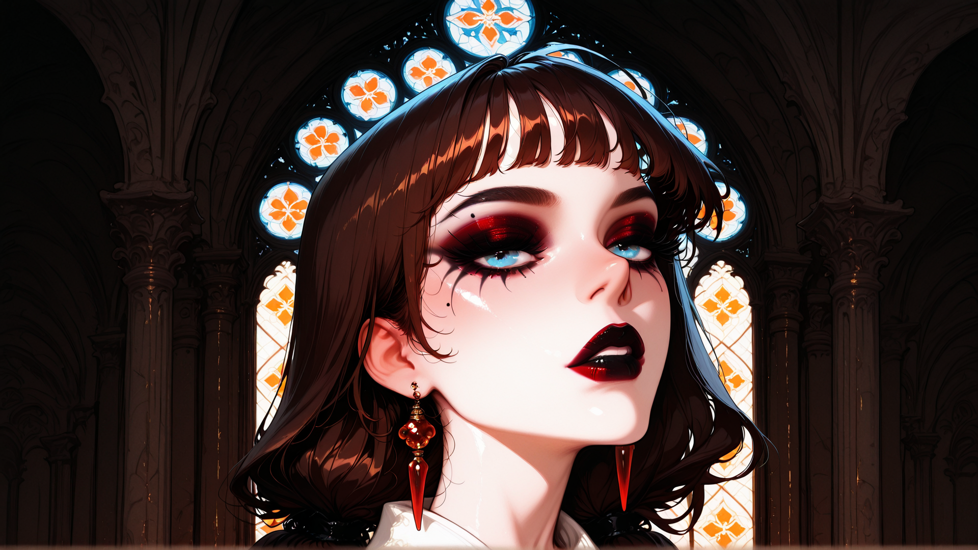 AI generated wallpaper featuring woman, gothic cathedral, stained glass, earrings, hair