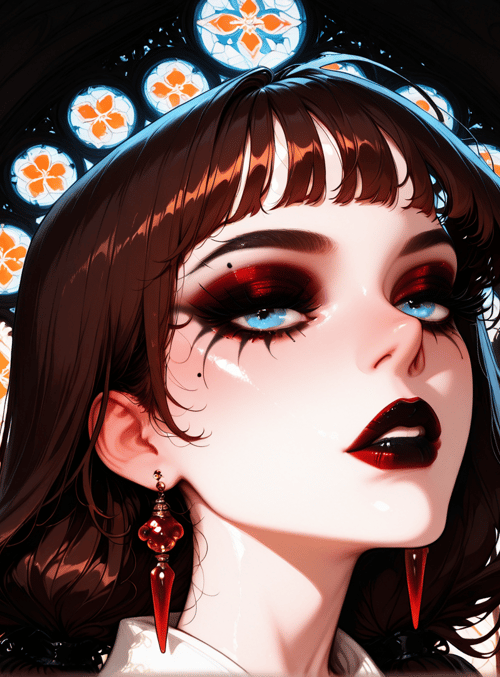 woman, gothic cathedral, stained glass, earrings, hair