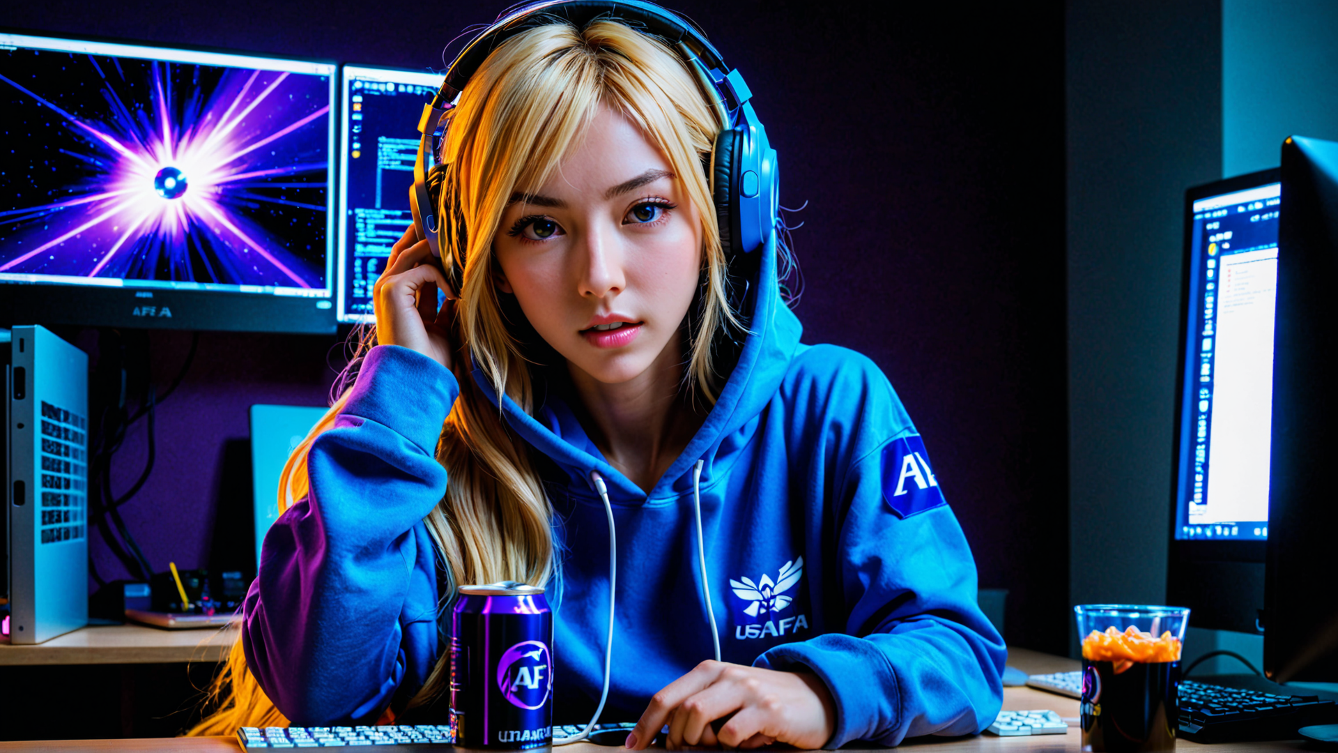 AI generated wallpaper featuring gamer, headphones, computer, monitor, hoodie, can, keyboard, cup, blonde hair, logo