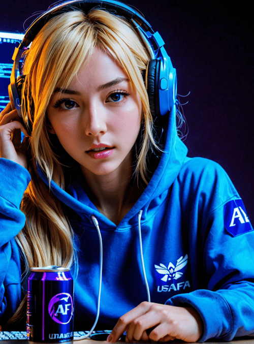 gamer, headphones, computer, monitor, hoodie, can, keyboard, cup, blonde hair, logo
