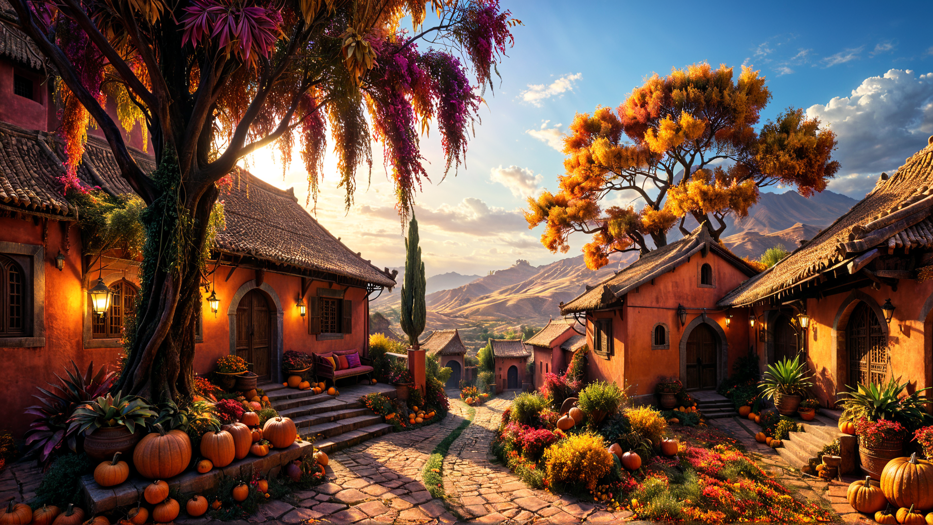 AI generated wallpaper featuring village, pumpkins, trees, houses, flowers